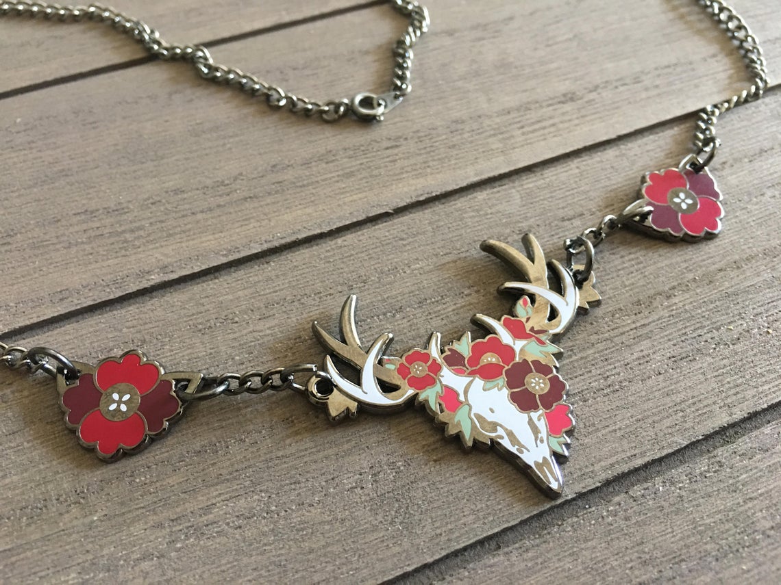 Red Poppies Deer Necklace
